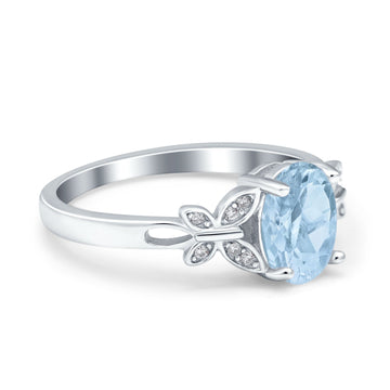 Butterfly Accent Oval Wedding Bridal Ring Simulated Aquamarine CZ 925 Sterling Silver